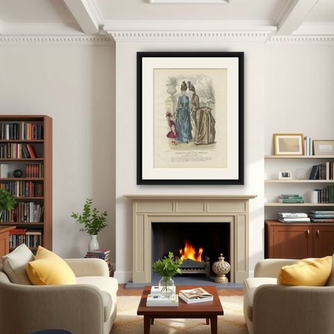 Antique French Fashion Plate, Ladies and Child in Park Scene, c.1880, shown framed in a room