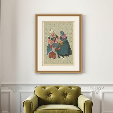 Spakenburg Women in Sunday Dress with Child, Dutch Costume Print (1932), shown framed on a wall