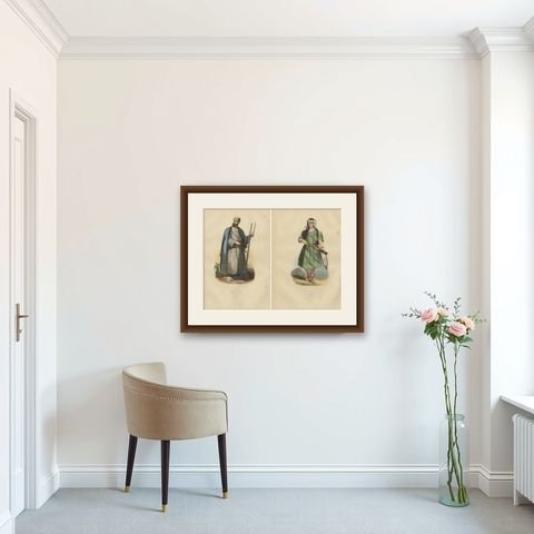 Cultural Warriors: Traditional Attire of Iranian and Afghan Tribes, 1844, shown framed in a room