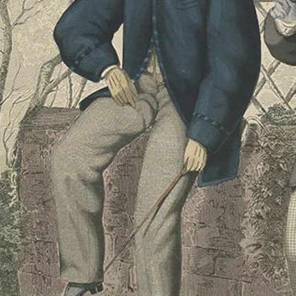 Antique Fashion Print of Men and Women Illustrating the Fashion Trends of 1865, close-up 2