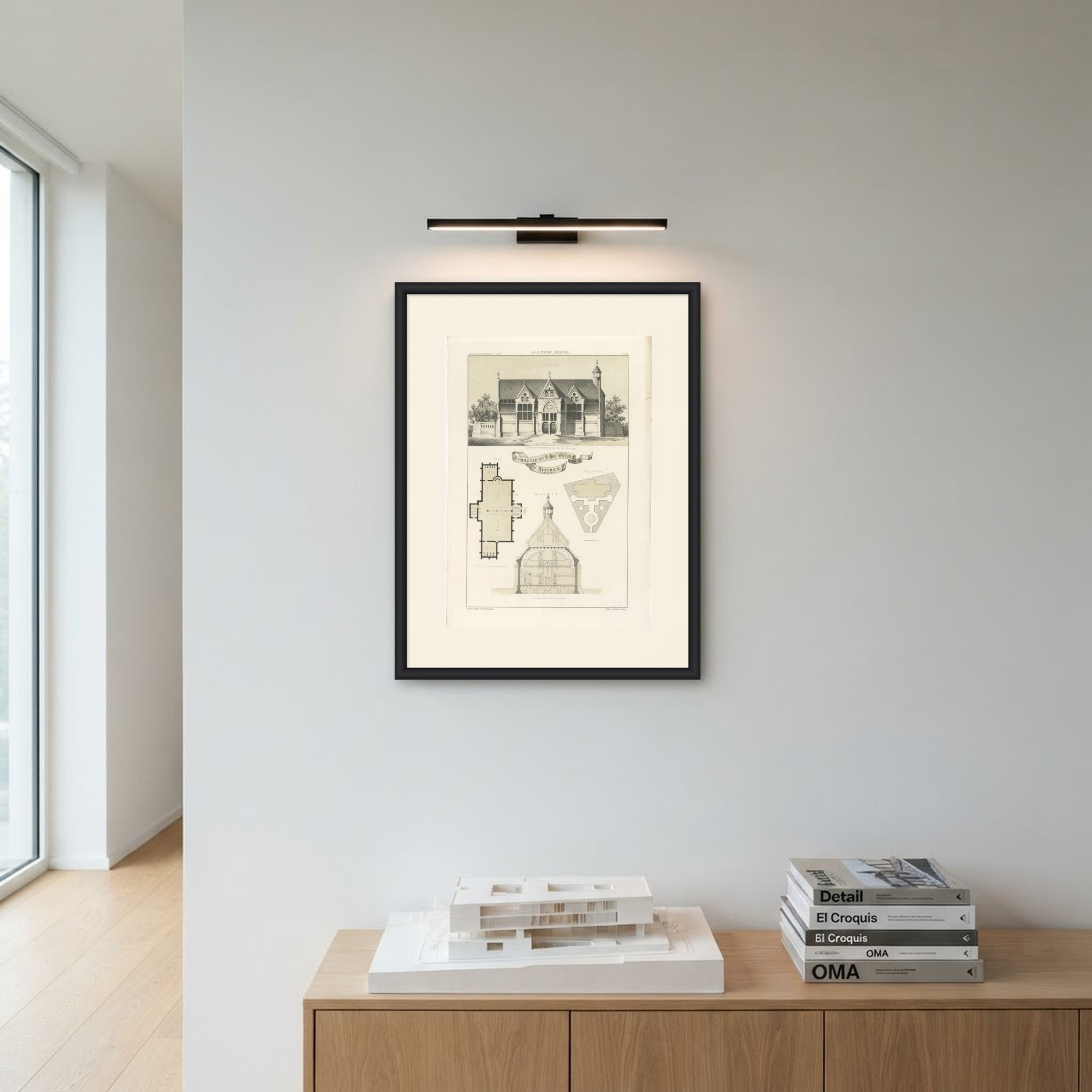 Cuypers Gothic School, Limburg, Dutch Architecture Print, Leliman, 1865-1866, shown framed on a wall