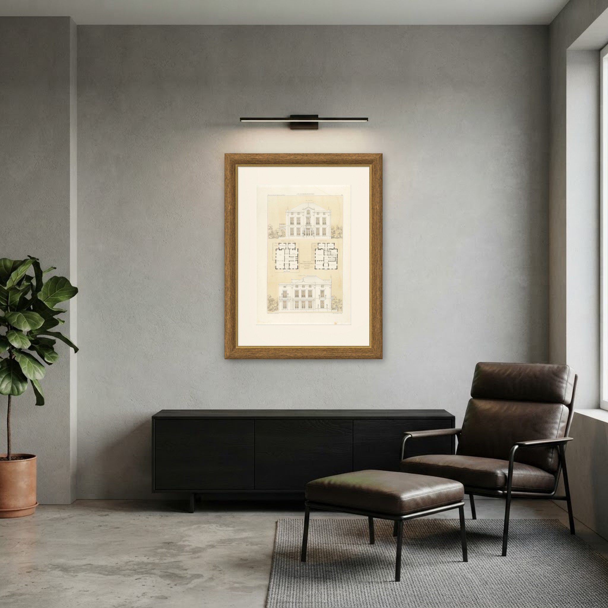 Meppel Country House, Elevations, Dutch Architecture Print, Leliman, 1865-1866, shown framed in a room