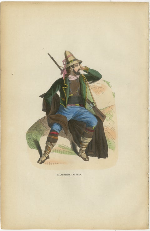 Calabrian Countryman (Italy) in Traditional Dress - Antique Lithograph, c.1852