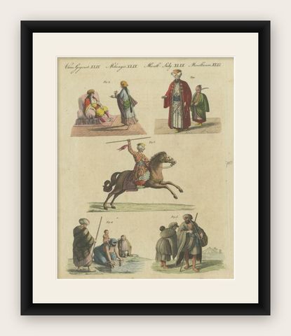 Original Hand-Colored Antique Print of Egyptian Costumes, 1805, shown framed