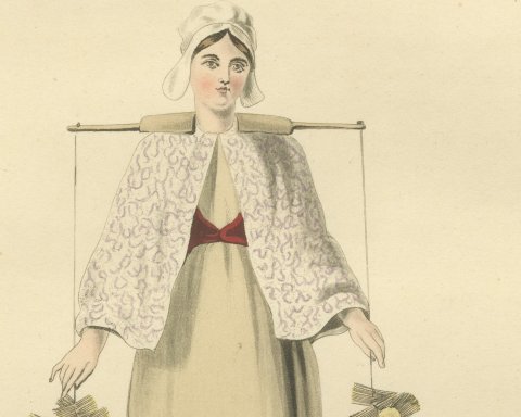 Girl selling Matches in Rotterdam, Street Seller, Antique Print, 1817, close-up 1