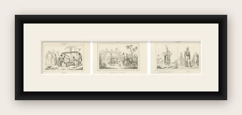 Antique Oceania Engravings, Guam Chamorro Life, Distillery and Costumes, 1836, shown framed