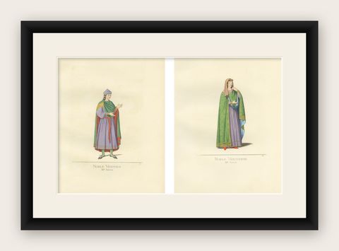 Antique Prints Set of 2, Venetian Nobleman and Noblewoman, 1860, shown framed