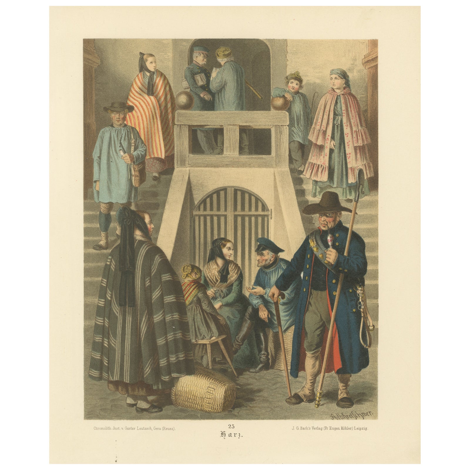 Harz Folk Costumes Chromolithograph Print, Village Scene, c.1875