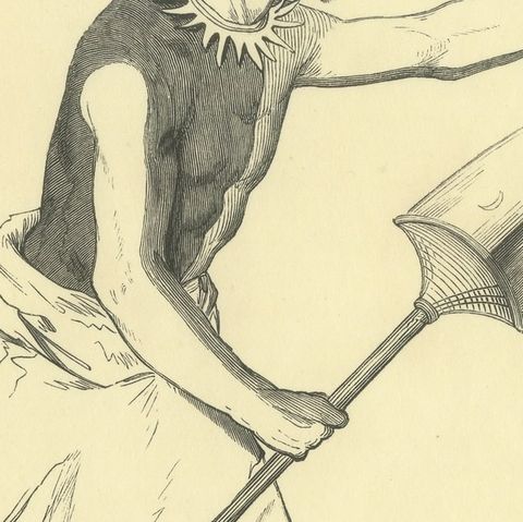 Warrior of Tonga Tabou, Antique Wahlen Costume Print, 1843-1844, close-up 3