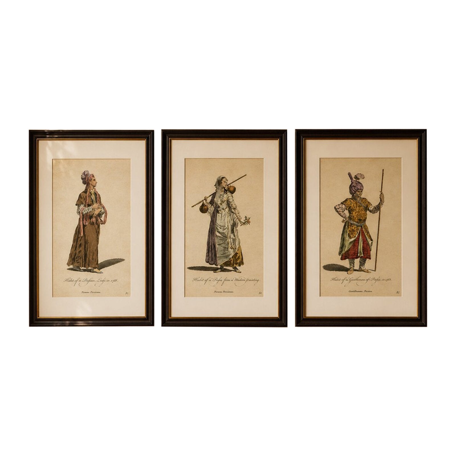 Antique Persian Costume Prints Set of 3, Hand-Colored Engravings, 1749