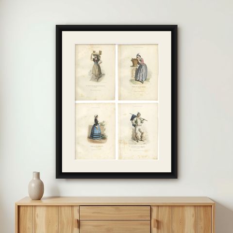 Set of Four Antique Portuguese & Madeira Folk Costume Engravings, circa 1850, shown framed on a wall