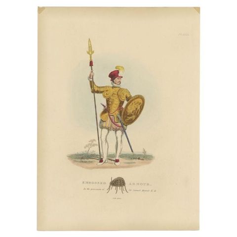 Nicely Hand-colored Antique Print of Embossed Armor, 1842, view 2