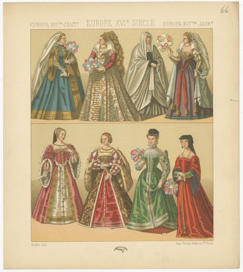 Pl. 66A Antique Print of European 16th Century Costumes by Racinet, circa 1880, view 2