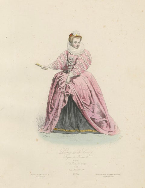 Antique French Costume Print of a Lady of the Court, Reign of Henri III, ca.1860, close-up 4
