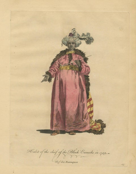 Ottoman Chief Black Eunuch Costume Print, Hand-Colored, 1749, close-up 1