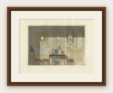 Chinese Nobleman’s Study Interior, Ferrario Costume Print, Hand-Colored c.1815, shown framed