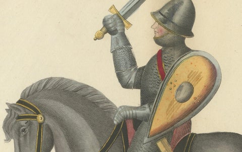 19th-Century Hand-Coloured Print of Armed Horsemen Bearing a Heraldic Banner, close-up 2