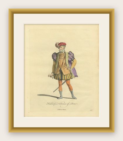 Roman Nobleman Costume Engraving, Renaissance Court Dress, Hand-Colored, 1749, shown framed