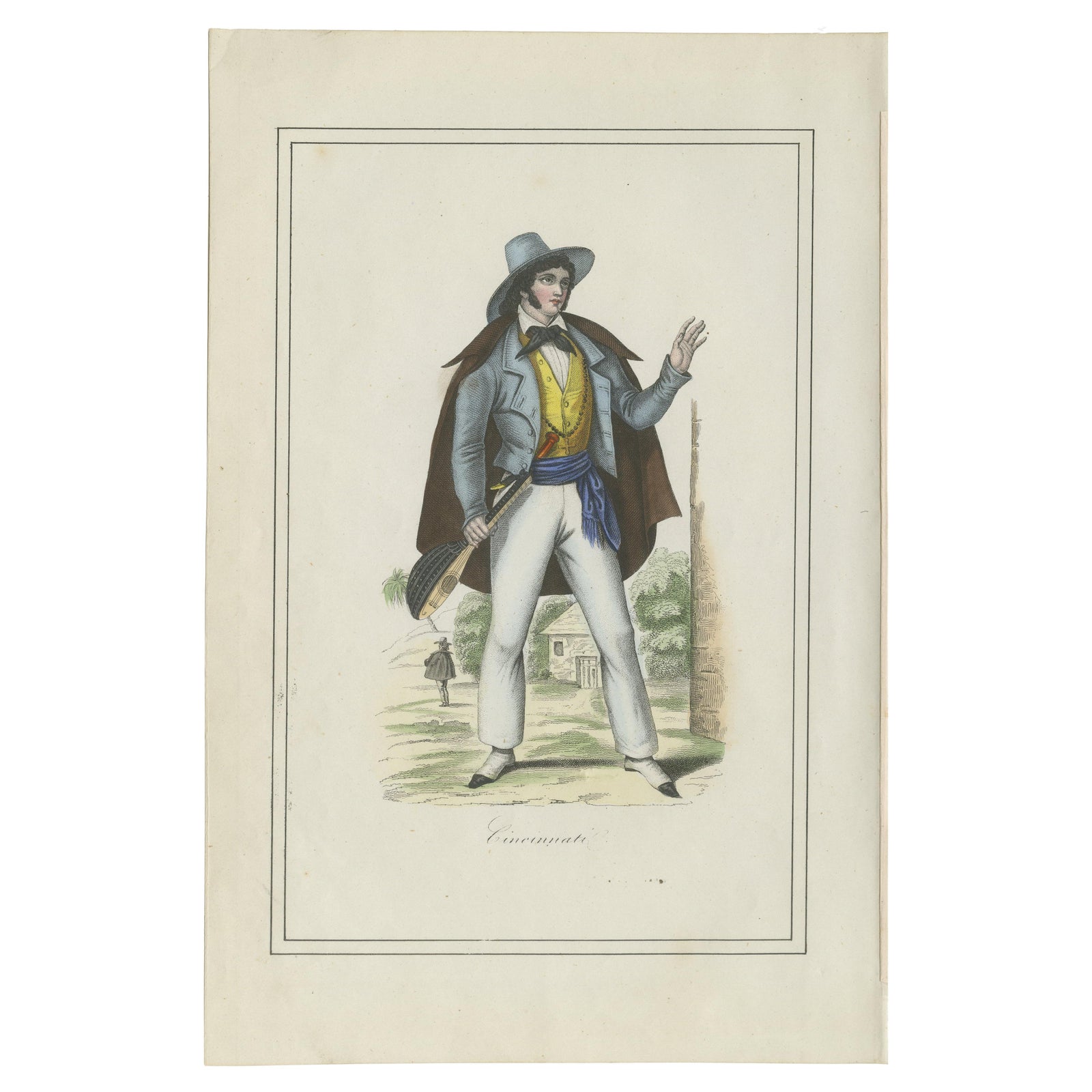 Cincinnati Costume Print, Antique Hand-Colored Lithograph, 1854