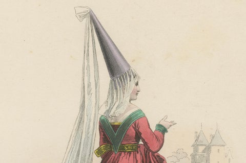 Antique French Costume Print of a Noble Lady in Medieval Attire, 19th Century, close-up 3
