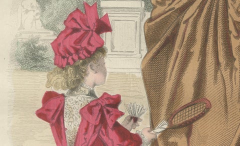 French Fashion Print, Ladies with Parasol & Child Scene, Hand-Colored, c.1887, close-up 6