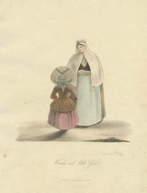 Antique Print of a Woman and Little Girl in Traditional Dutch Costume, 1817, close-up 1