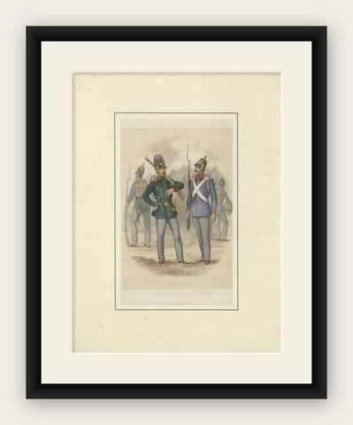 Military Costumes of Baden, Fusilier, Sharpshooter & Grenadier, c.1830–1840, shown framed