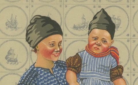 Volendam Women and Child in Traditional Work and Everyday Dress, Lithograph 1932, close-up 3