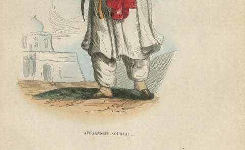 Antique Afghan Soldier Print, Hand-Colored Military Costume Lithograph, 1852, close-up 2
