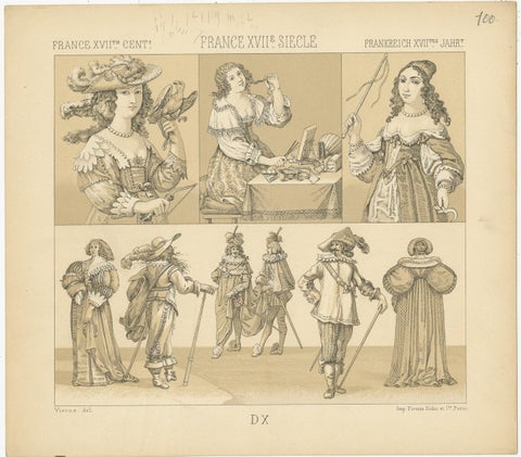 Pl. 100 Antique Print of French XVIIth Century Costumes by Racinet, circa 1880, view 2