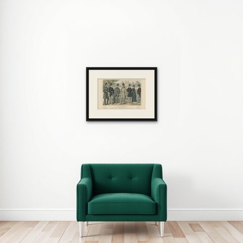 Hand-Colored Antique Fashion Print, Published in September, 1874, shown framed on a wall