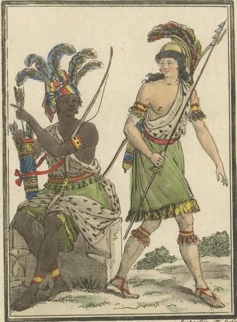 African Amazon and Amazon River Warrior, Hand-Colored Costume Engraving, 1806, close-up 3