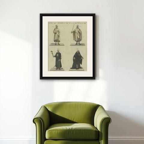 Knights Templar and Clergy: Hand-Colored Engraving of Historical Attire (1805), shown framed on a wall