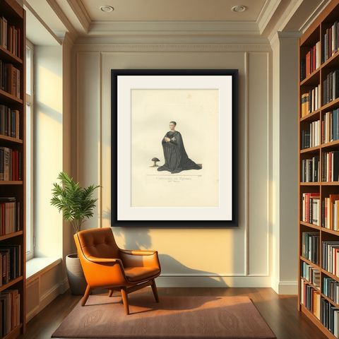 Antique Print of a Knight of Rhodes in Religious Costume, by Bonnard, 1860, shown framed in a room