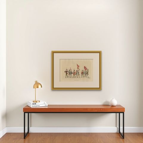 Burgundian Tribute, The Pageant of Noble Youth in Ceremonial Dress, 1855, shown framed on a wall