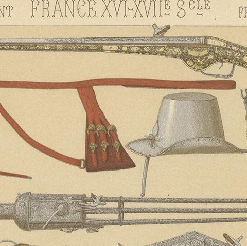 Pl. 83 Antique Print of French 16th Century Battle Costumes by Racinet, close-up 1