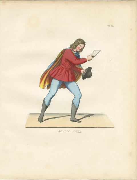Set of Four Medieval Figures, Hand-Colored Costume Engravings, France 1845, view 4