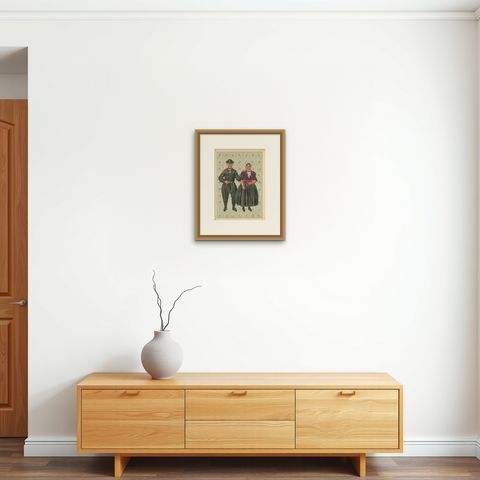 Dutch Man and Woman of Urk in Sunday Dress with Broad Hats, 1932, shown framed on a wall