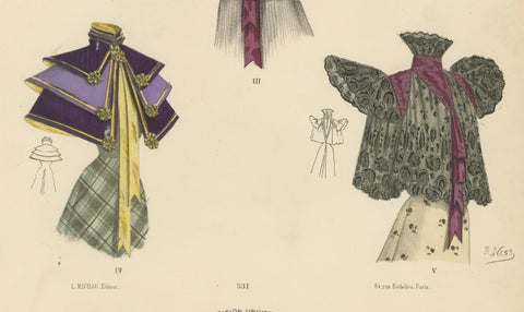 Victorian Splendor: Elegant Shawls and Mantles in Lithograph, Published in 1889, close-up 2