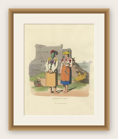 Costume Print: Peasant Women at Lerici in Italy, 1820s Hand-Colored Engraving, shown framed