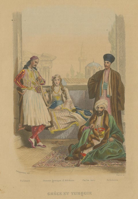 Antique Hand-Colored Costume Print of Greece, Turkey and Armenia c1860, close-up 1