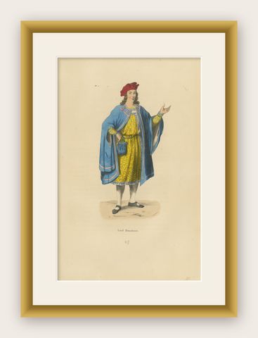 Lord Beaumont in Courtly Attire, Costume Di Moyen Age, 1847, shown framed