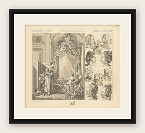 Pl 114 Antique Print of French 18th Century Costumes by Racinet, 'circa 1880', shown framed