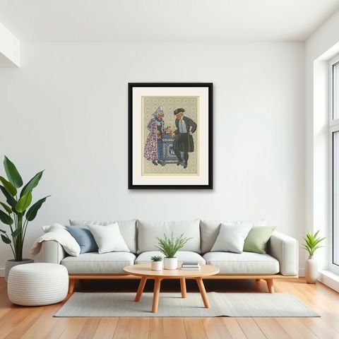 Mourning Dress in Hindeloopen with Delft Stove, 1932 Lithograph, shown framed in a room