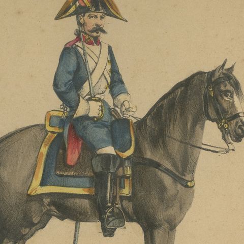 Spanish Cavalry Lithograph by José Villegas: Dragoon and Hussar, 1861, close-up 3