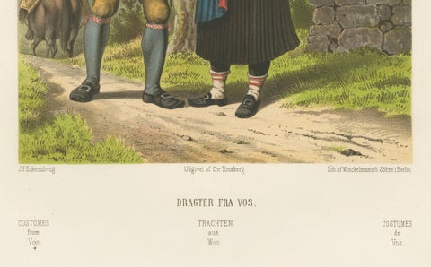 Norwegian Country Attire, Vos Folk Dress, Antique Chromolithograph, c.1860, close-up 2