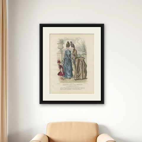 Antique French Fashion Plate, Ladies and Child in Park Scene, c.1880, shown framed on a wall