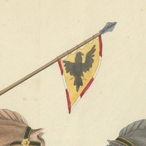 19th-Century Hand-Coloured Print of Armed Horsemen Bearing a Heraldic Banner, close-up 5