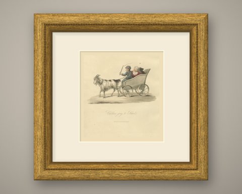 Children going to School in a Goat Cart, Antique Print, 1817, shown framed