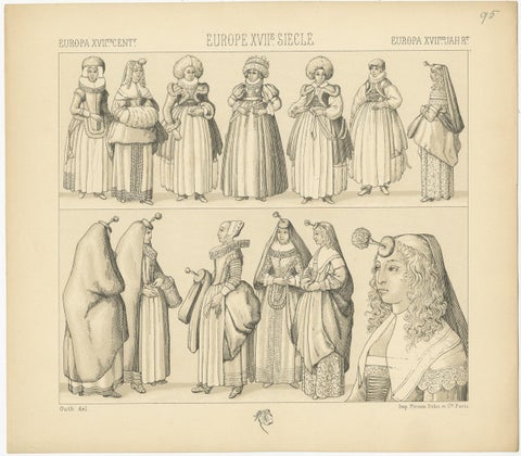 Pl. 95 Antique Print of European XVIIth Century Costumes by Racinet, circa 1880, view 2